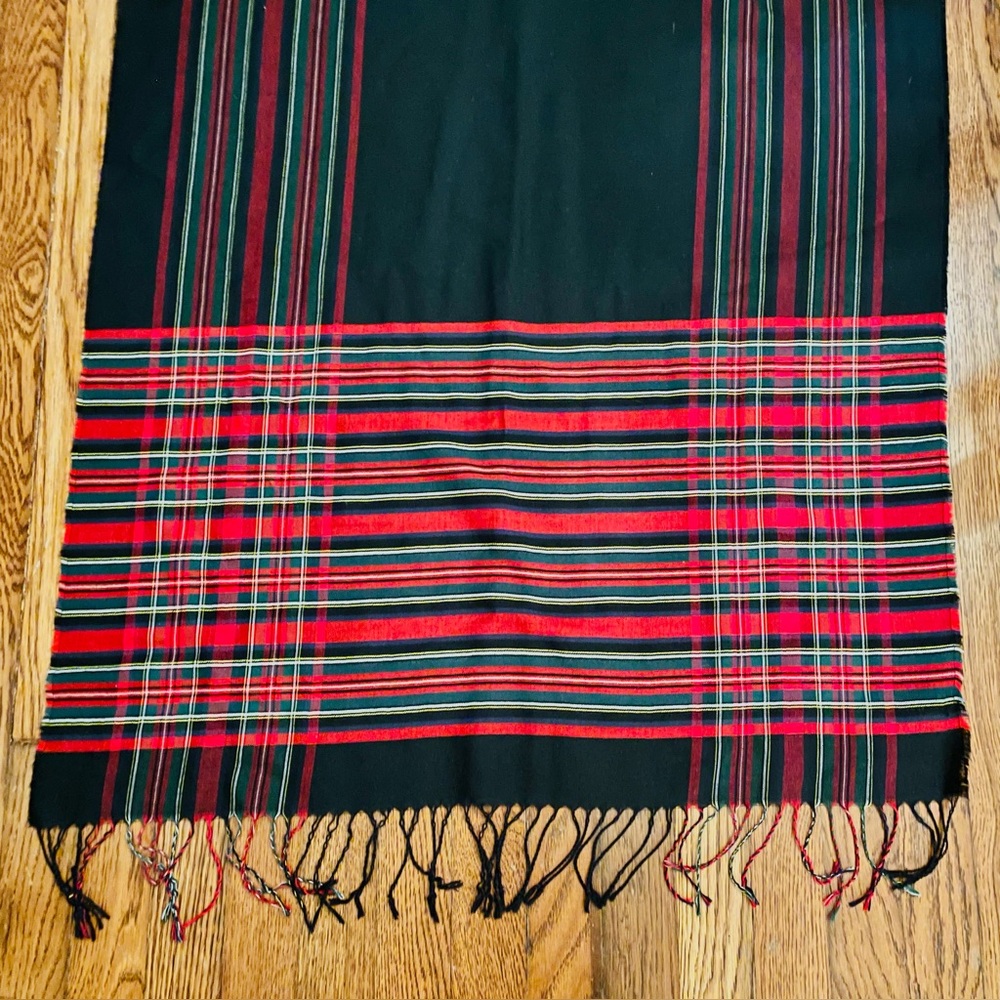 Talbots Lightweight Black Red Plaid Large Scarf Fringe  28”X 76" Wool Cotton